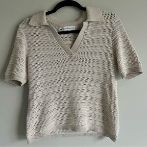 Calvin Klein Beige Knit V-Neck Sweater, Short Sleeve, Grandma Core, Women’s S